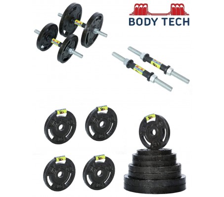 Body Tech 70kg Cast Iron Adjustable Home Gym Set with Steel Dumbbell Rods- COMBO70